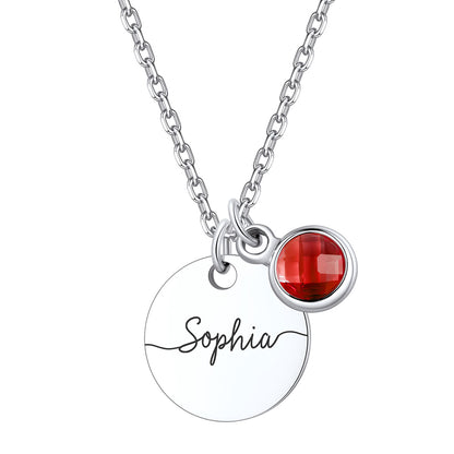 Steel Custom Engraved Name Round Tag Disc Necklace with Birthstone on a white background