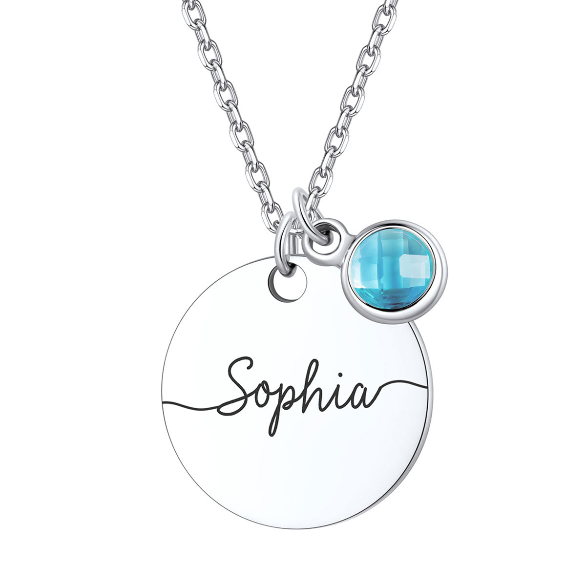 Steel Custom Engraved Name Round Tag Disc Necklace with Birthstone on a white background Large size