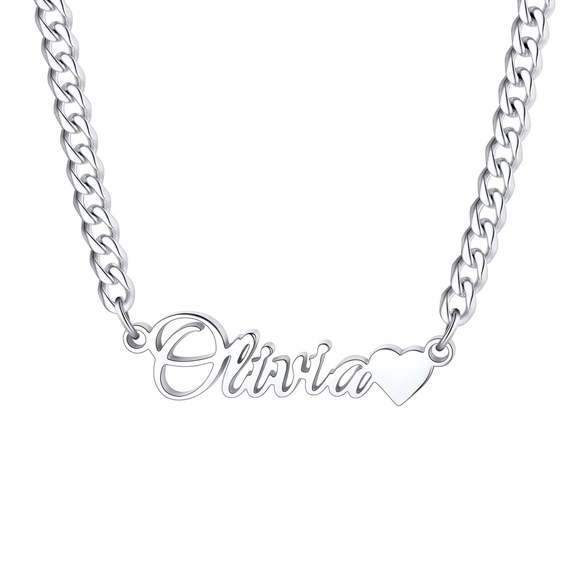 Steel Custom Name Cuban Chain Necklace with Mini Heart on a white background