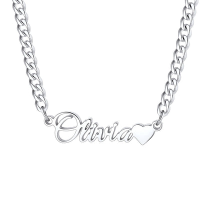 Steel Custom Name Cuban Chain Necklace with Mini Heart on a white background