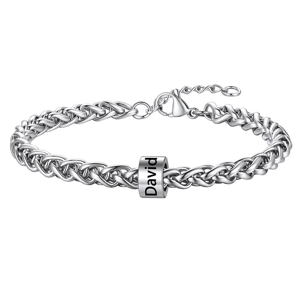 Steel Customized  Engraved 1 Name Beads Bracelet for Men Women on a white background