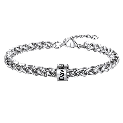 Steel Customized  Engraved 1 Name Beads Bracelet for Men Women on a white background