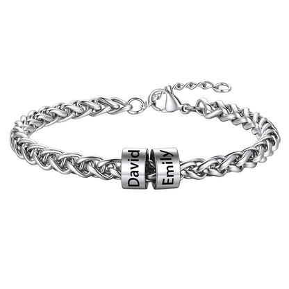 Steel Customized  Engraved 2 Name Beads Bracelet for Men Women on a white background