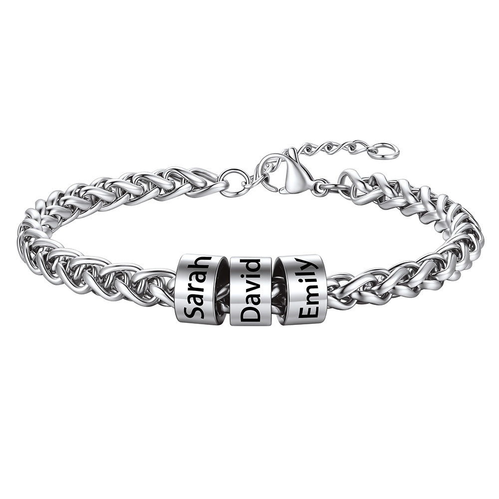 Steel Customized  Engraved 3 Name Beads Bracelet for Men Women on a white background