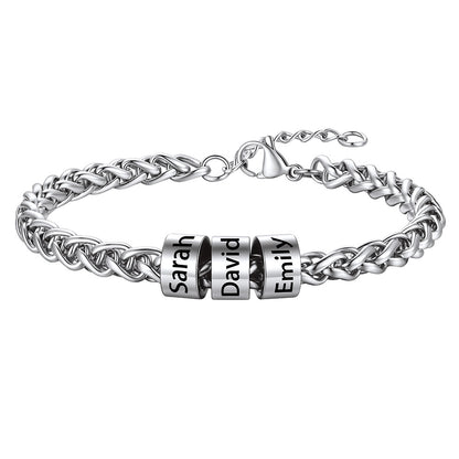 Steel Customized  Engraved 3 Name Beads Bracelet for Men Women on a white background