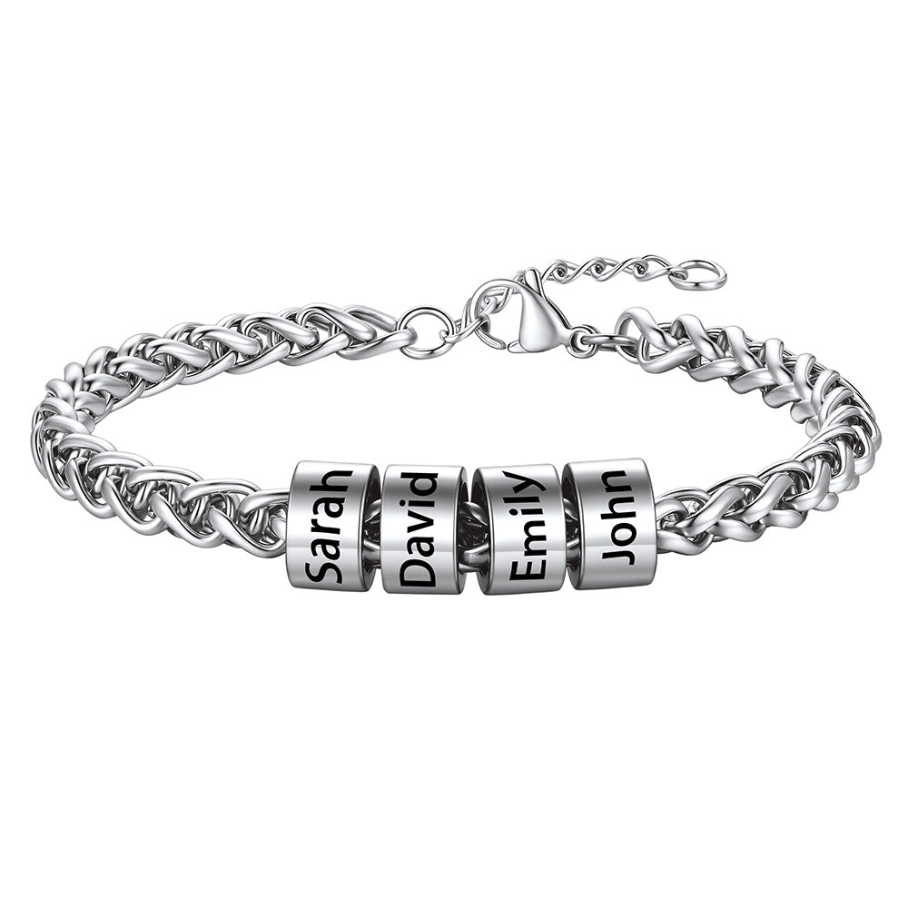 Steel Customized  Engraved 4 Name Beads Bracelet for Men Women on a white background