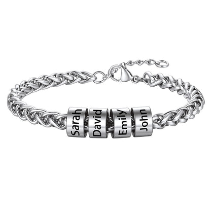 Steel Customized  Engraved 4 Name Beads Bracelet for Men Women on a white background