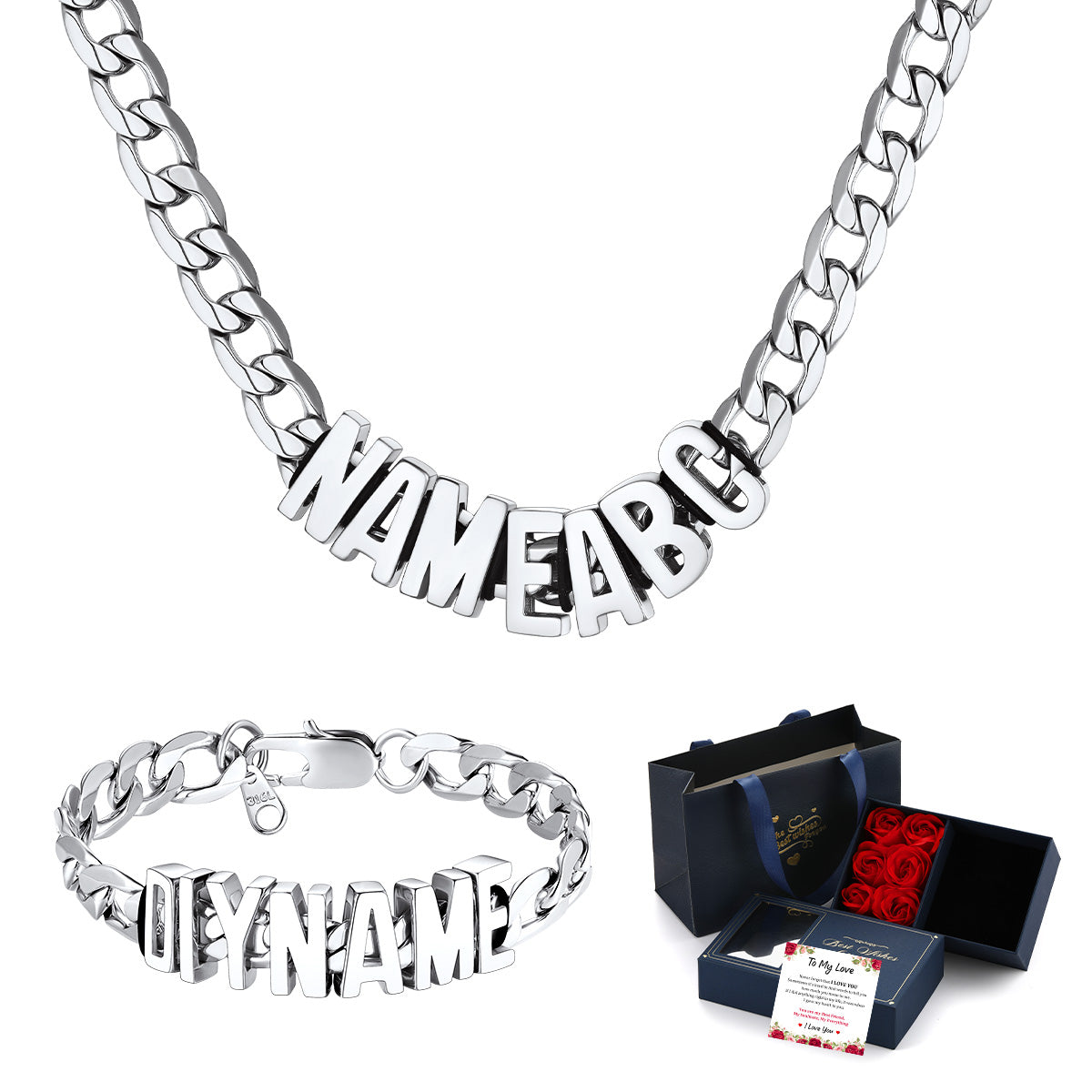 Steel Personalized Initial Name Cuban Link Necklace and Bracelet Set on a white background