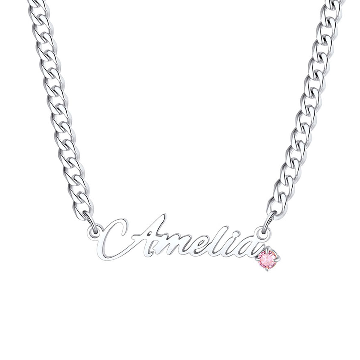 Steel Personalized Name Birthstone Cuban Chain Necklace on a white background