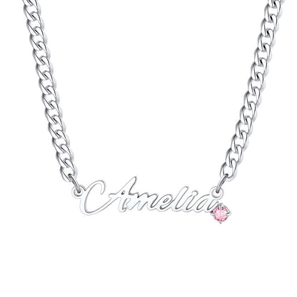 Steel Personalized Name Birthstone Cuban Chain Necklace on a white background