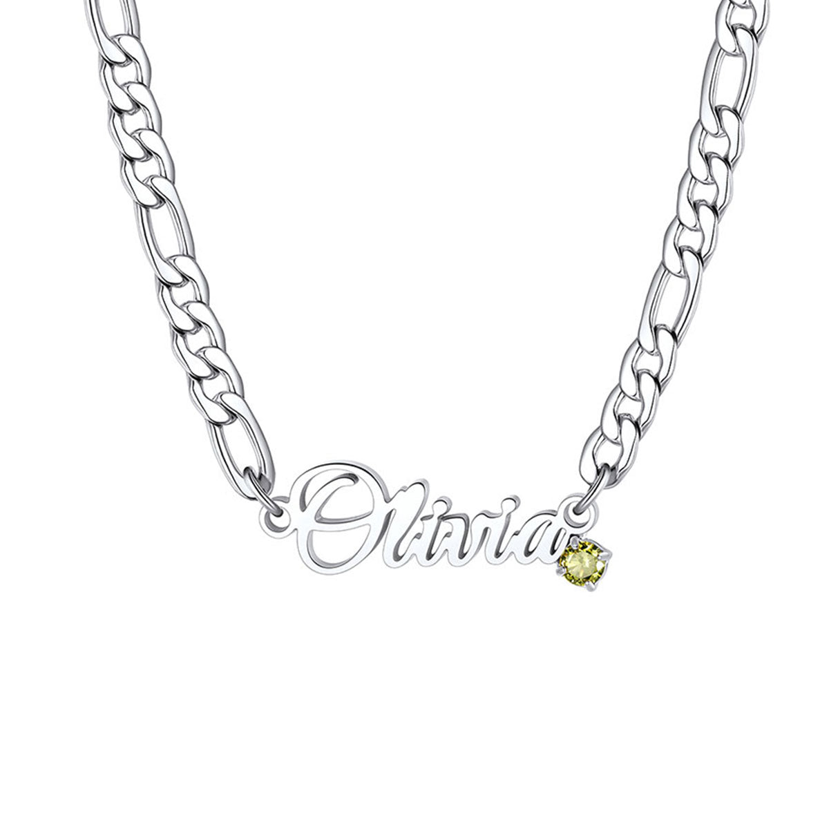 Steel Personalized Name Birthstone Figaro Chain Necklace on a white background