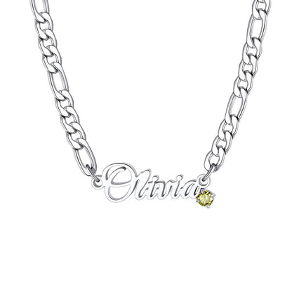 Steel Personalized Name Birthstone Figaro Chain Necklace on a white background