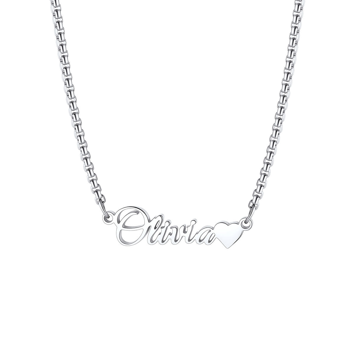 Steel Personalized Name Box Chain Necklace with Tiny Heart for Women on a white background