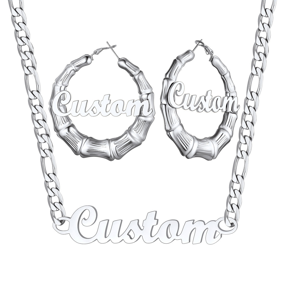 Steel Personalized Name Figaro Chain Necklace and Bamboo Name Hoop Earrings Set on a white background