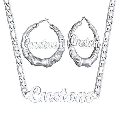 Steel Personalized Name Figaro Chain Necklace and Bamboo Name Hoop Earrings Set on a white background