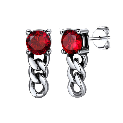 Steel Red Stone Cuban Link Chain Dangle Stud Earrings
