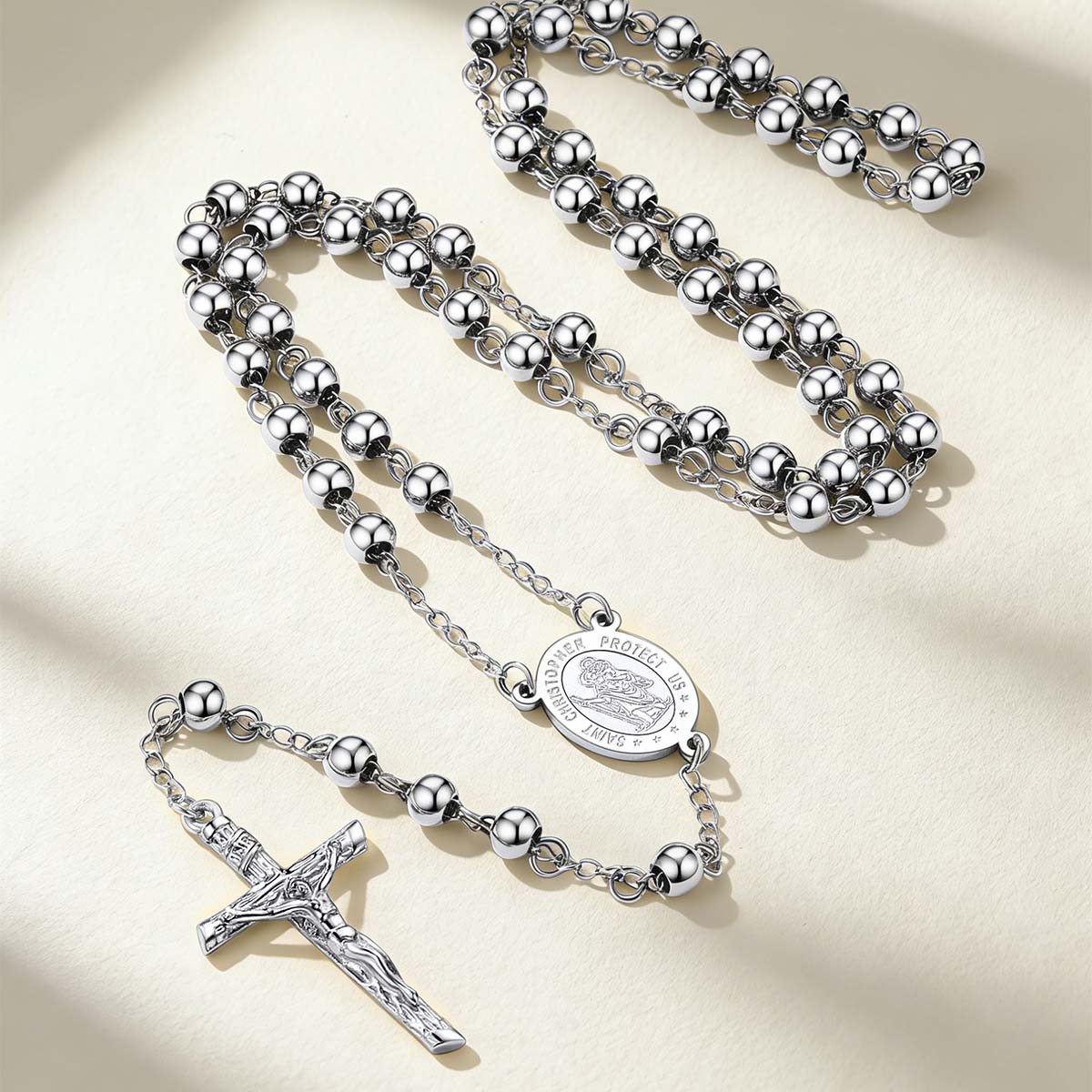 Steel Saint Christopher Rosary Beads Necklace with Cross