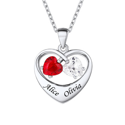 Sterling Silver Heart Birthstone Necklace with Name For Women