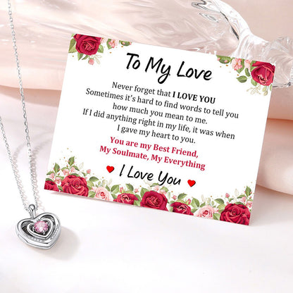 Sterling Silver Birthstone Heart Photo Locket Necklace with greeting card