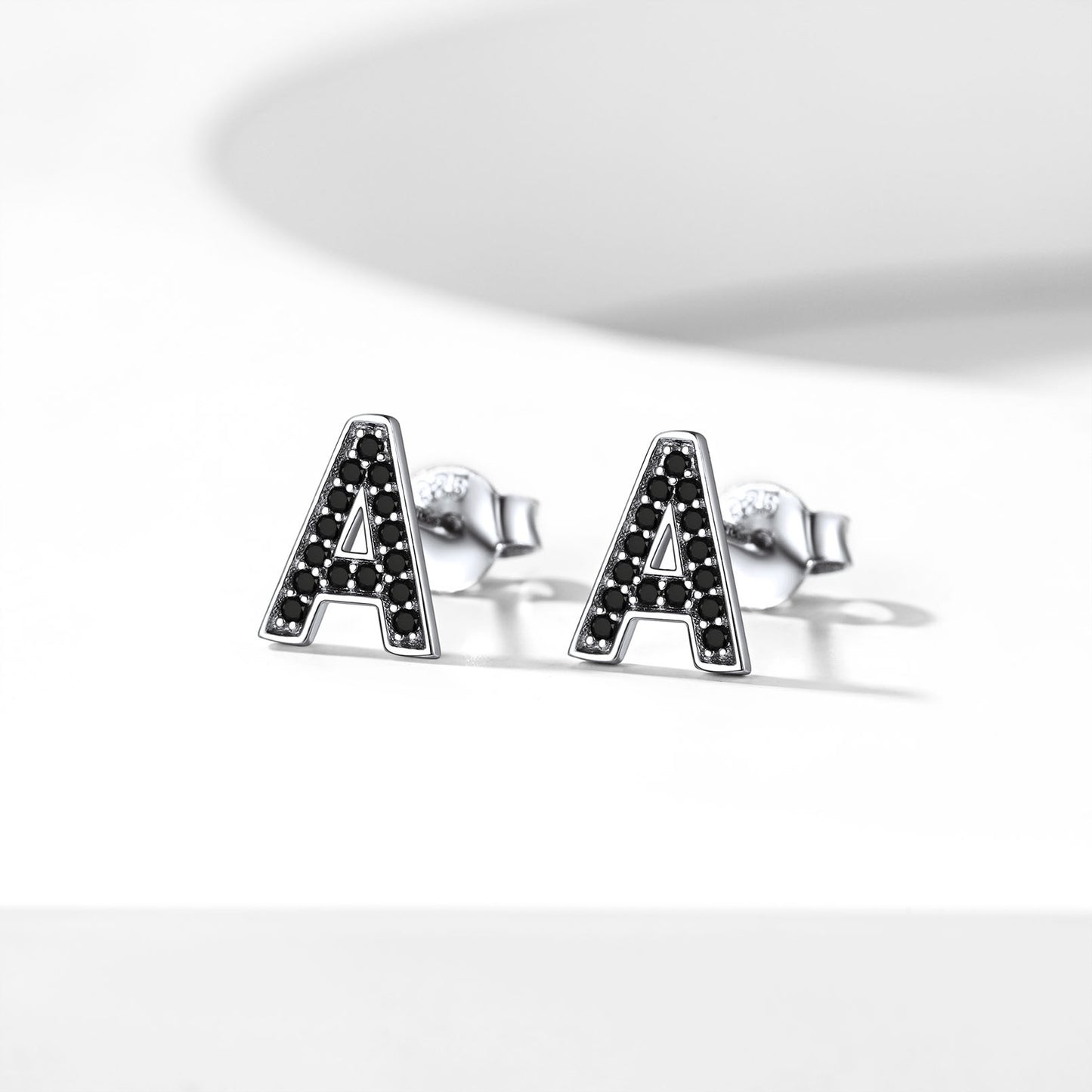 Sterling Silver Black CZ Initial Stud Earrings 