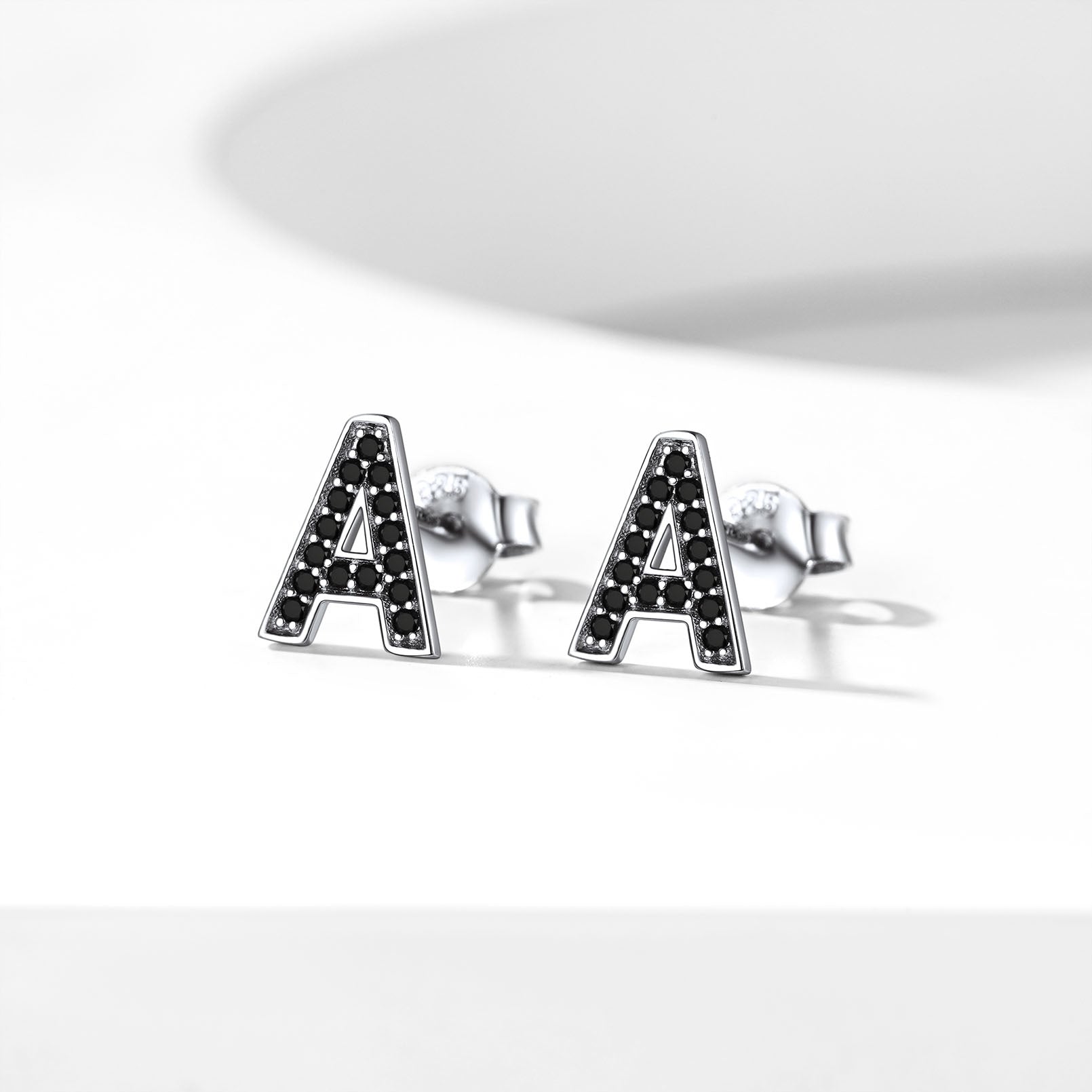 Sterling Silver Black CZ Initial Stud Earrings 