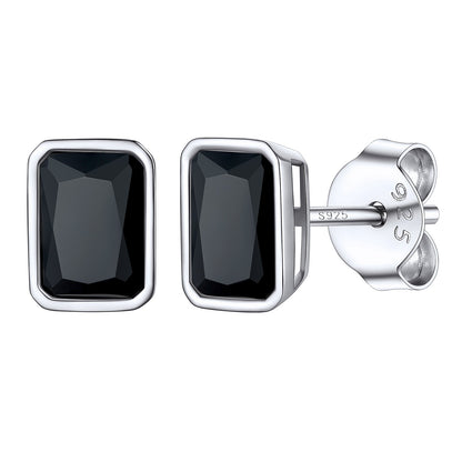 Sterling Silver Emerald Cut Black CZ Stud Earrings 4mm