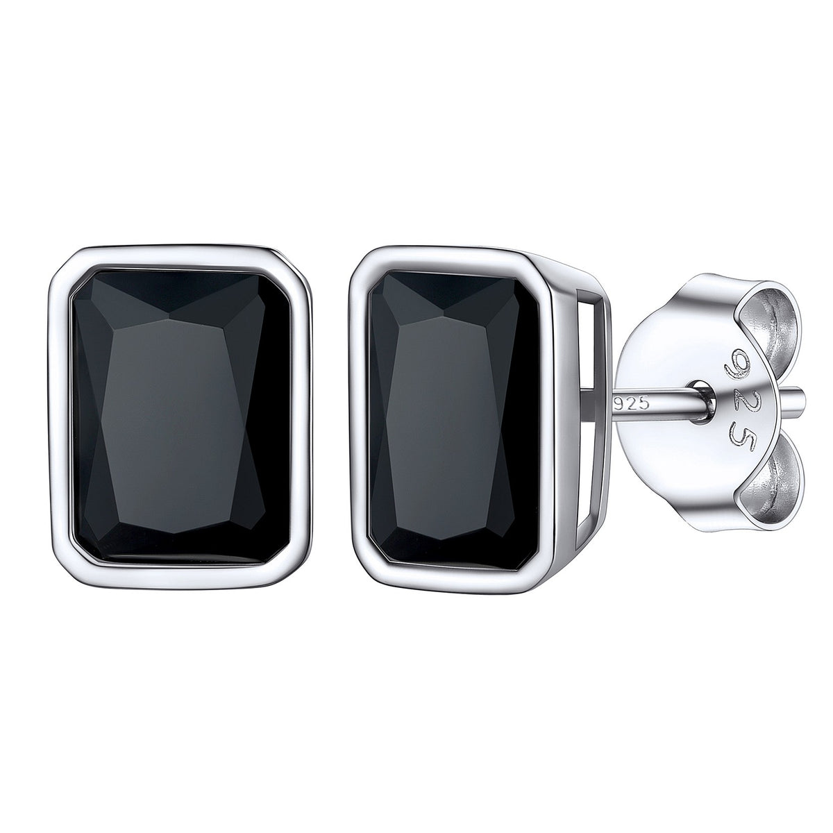 Sterling Silver Emerald Cut Black CZ Stud Earrings 5mm