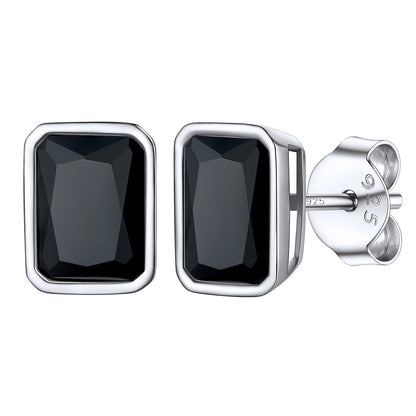 Sterling Silver Emerald Cut Black CZ Stud Earrings 5mm