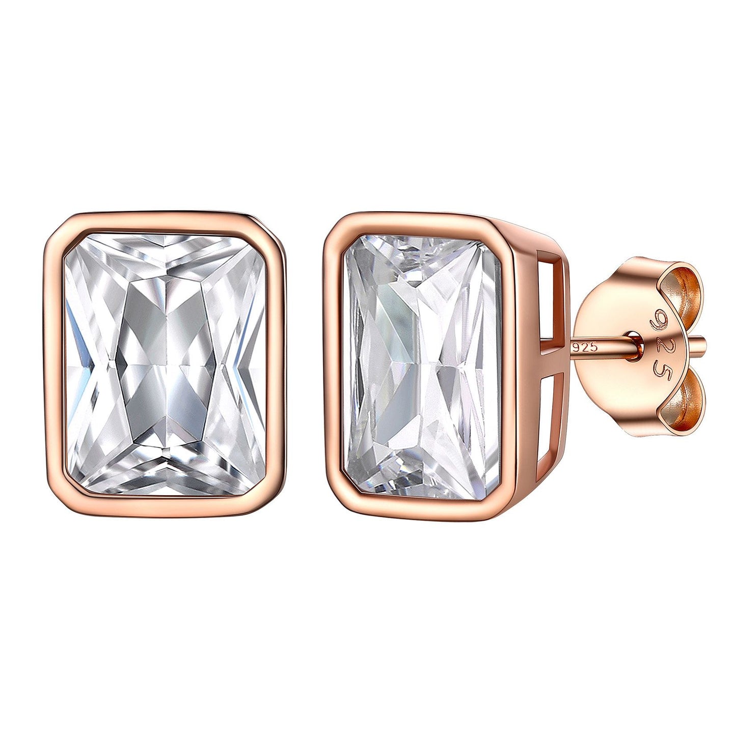 Sterling Silver Emerald Cut CZ Stud Earrings 7mm Rose Gold Plated