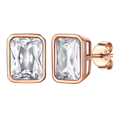 Sterling Silver Emerald Cut CZ Stud Earrings 7mm Rose Gold Plated