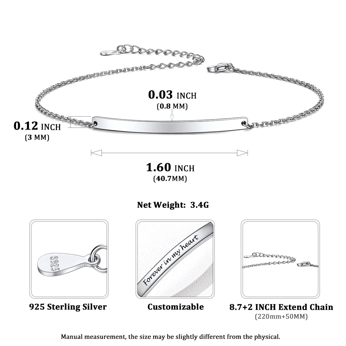 Sterling Silver Engraved Bar Anklet Dimension, Durable
