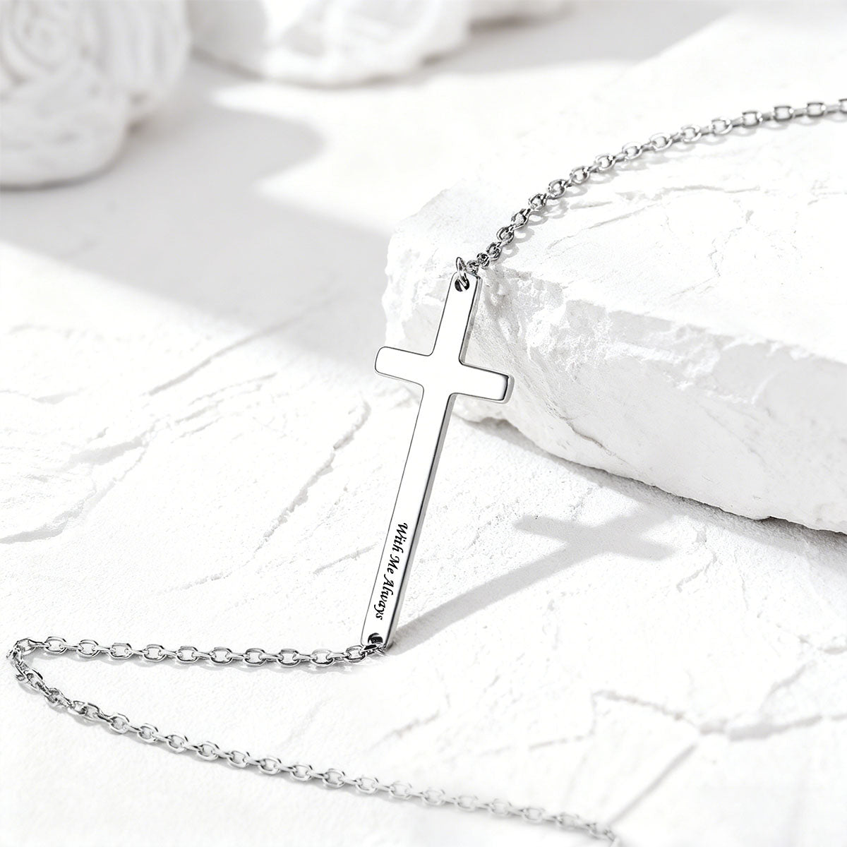 Sterling Silver Engraved Sideways Cross Necklace