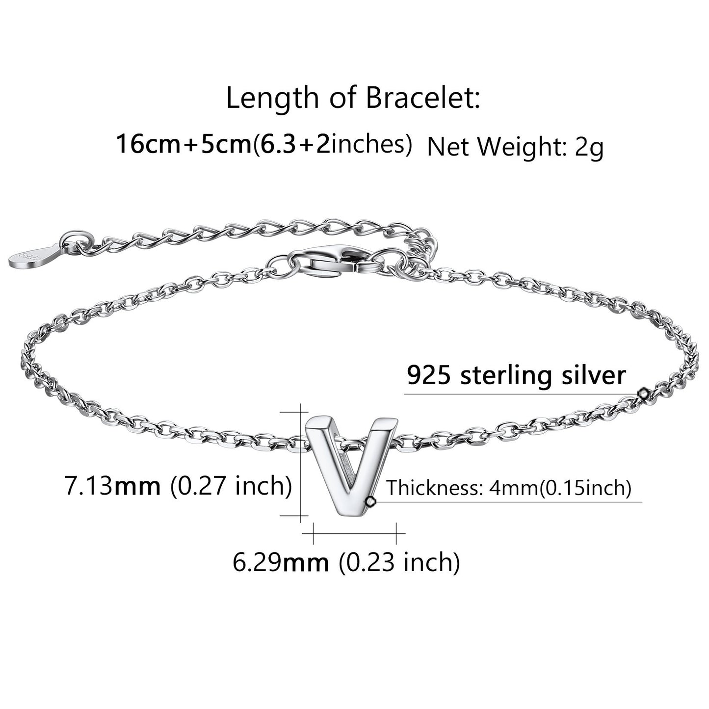 Sterling Silver Initial Letter Bracelet Dimension, Hypoallergenic