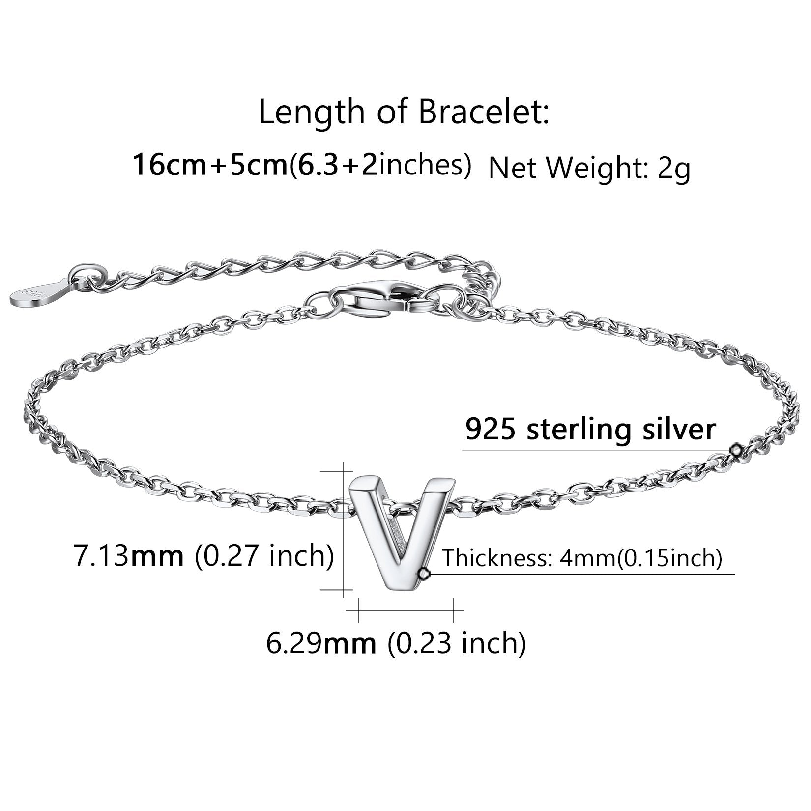 Sterling Silver Initial Letter Bracelet Dimension, Hypoallergenic