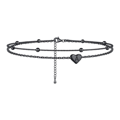 Sterling Silver Layered Initial A Heart Anklet Black Plated