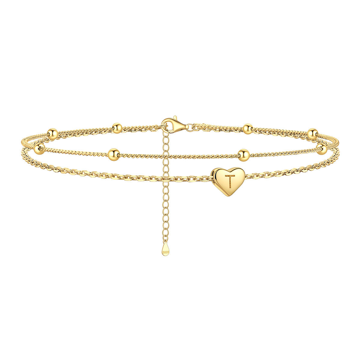 Sterling Silver Layered Initial T Heart Anklet