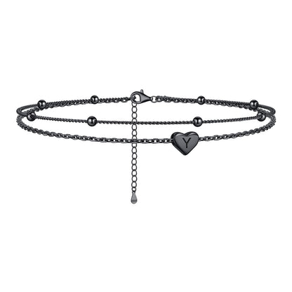 Sterling Silver Layered Initial Y Heart Anklet Black Plated