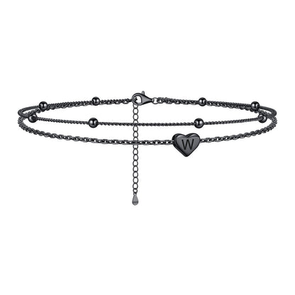 Sterling Silver Layered Initial w Heart Anklet Black Plated