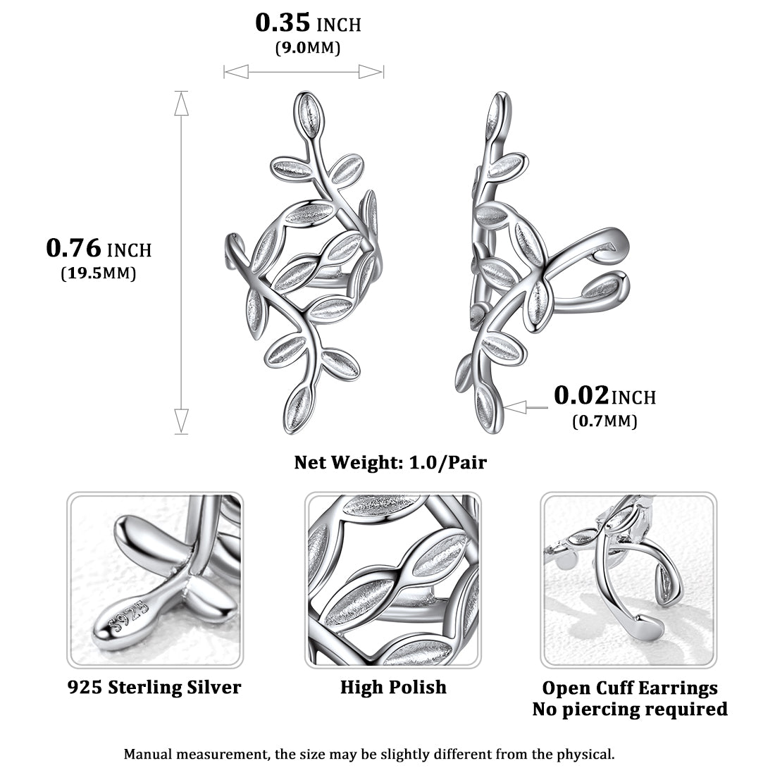 Sterling Silver Leaf Ear Cuff Earrings Dimension, Durable, Hypoallergenic