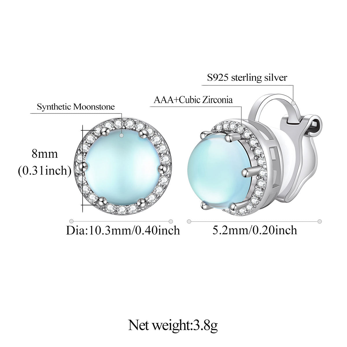 Sterling Silver Moonstone Non-Pierced Stud Earrings Dimension, Durable, Hypoallergenic