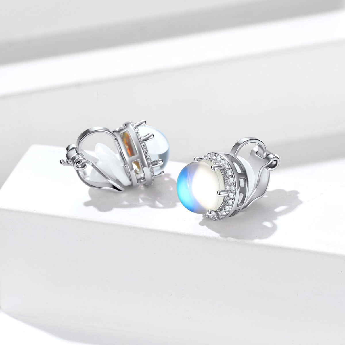 Sterling Silver Moonstone Non-Pierced Stud Earrings for Women