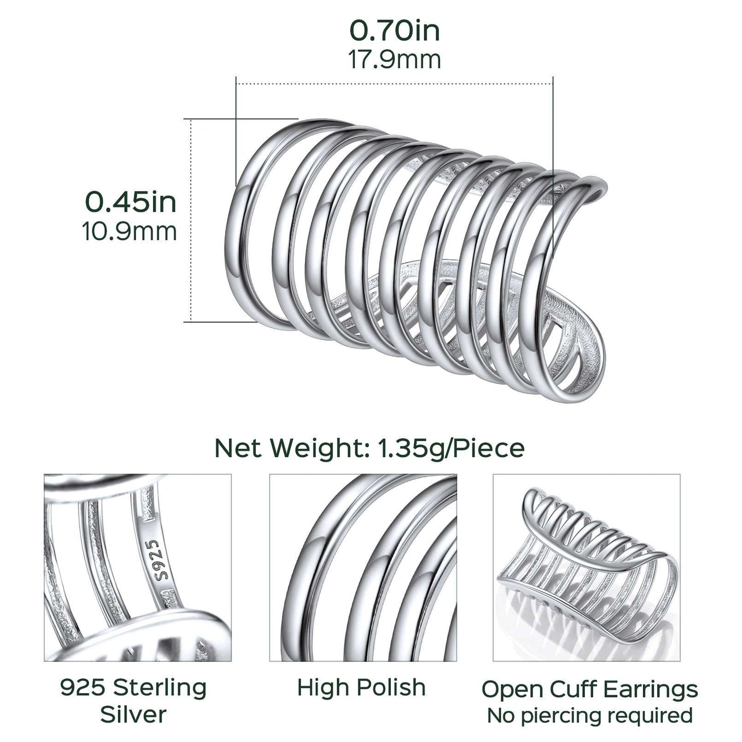 Sterling Silver Multi Lines Ear Cuff Earrings: Dimension, Durable, Solid