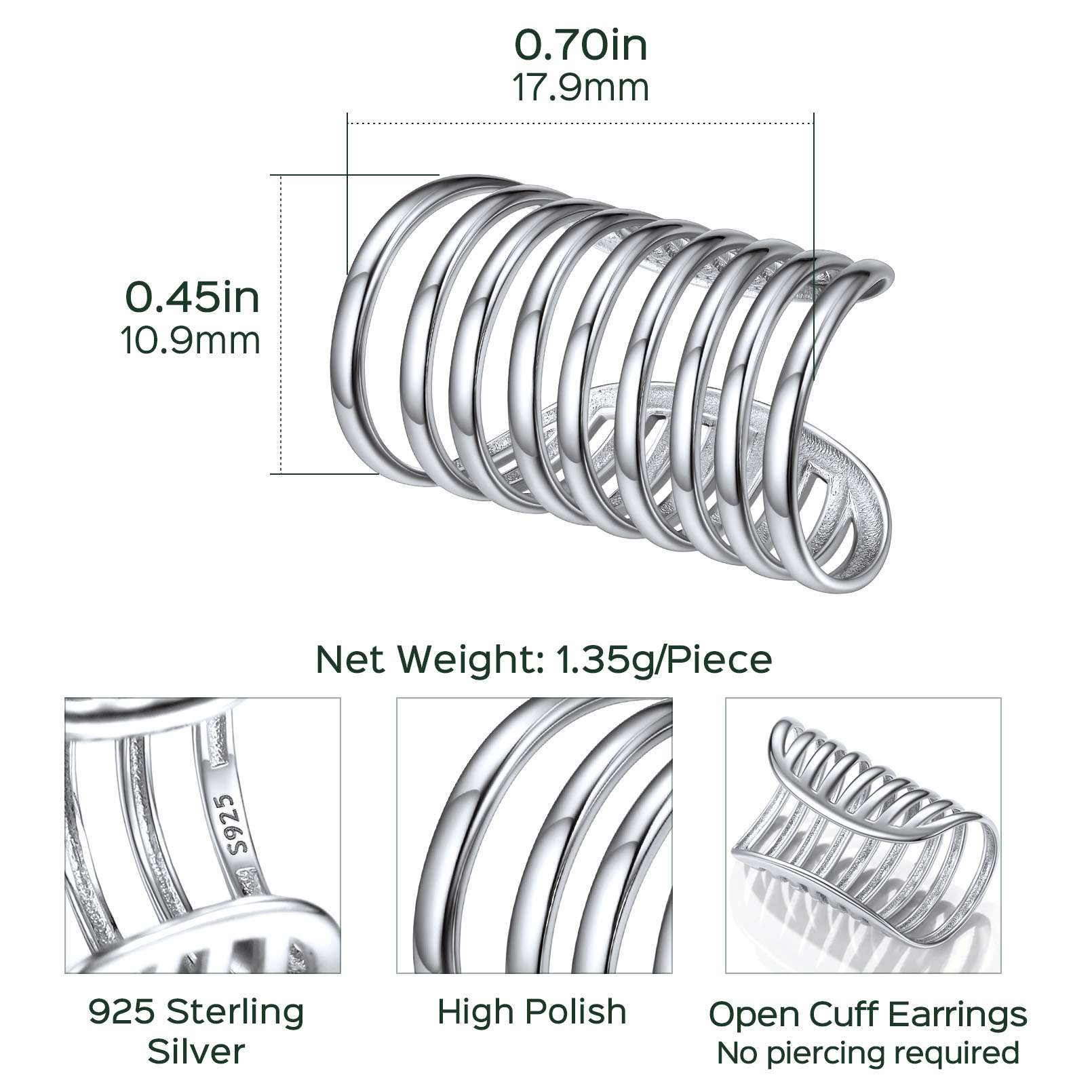 Sterling Silver Multi Lines Ear Cuff Earrings: Dimension, Durable, Solid