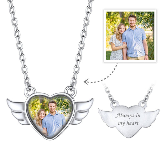 Sterling Silver Personalized Heart Angel Wings Picture Necklace