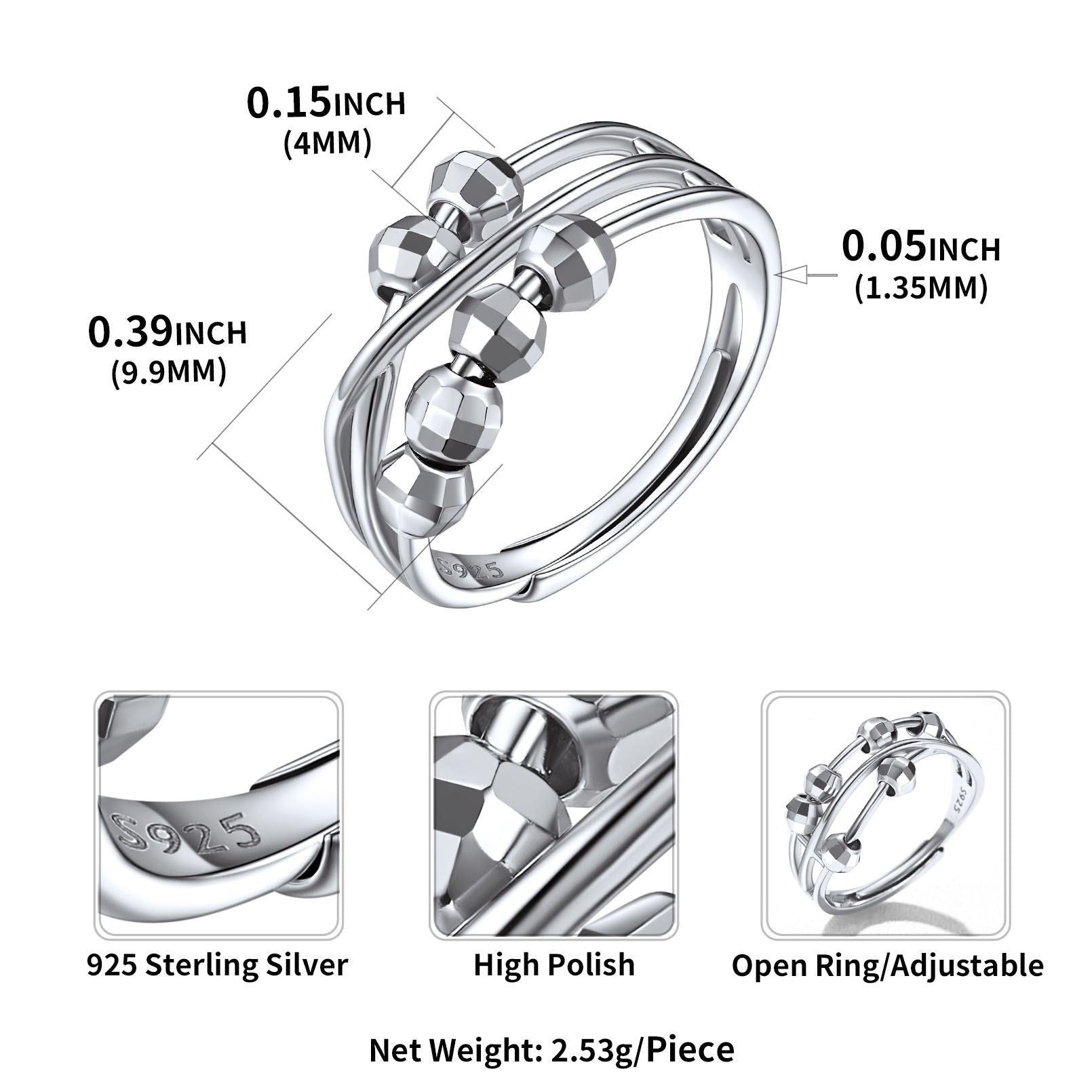 Sterling Silver Spinner Beads Fidget Ring Dimension, Hypoallergenic