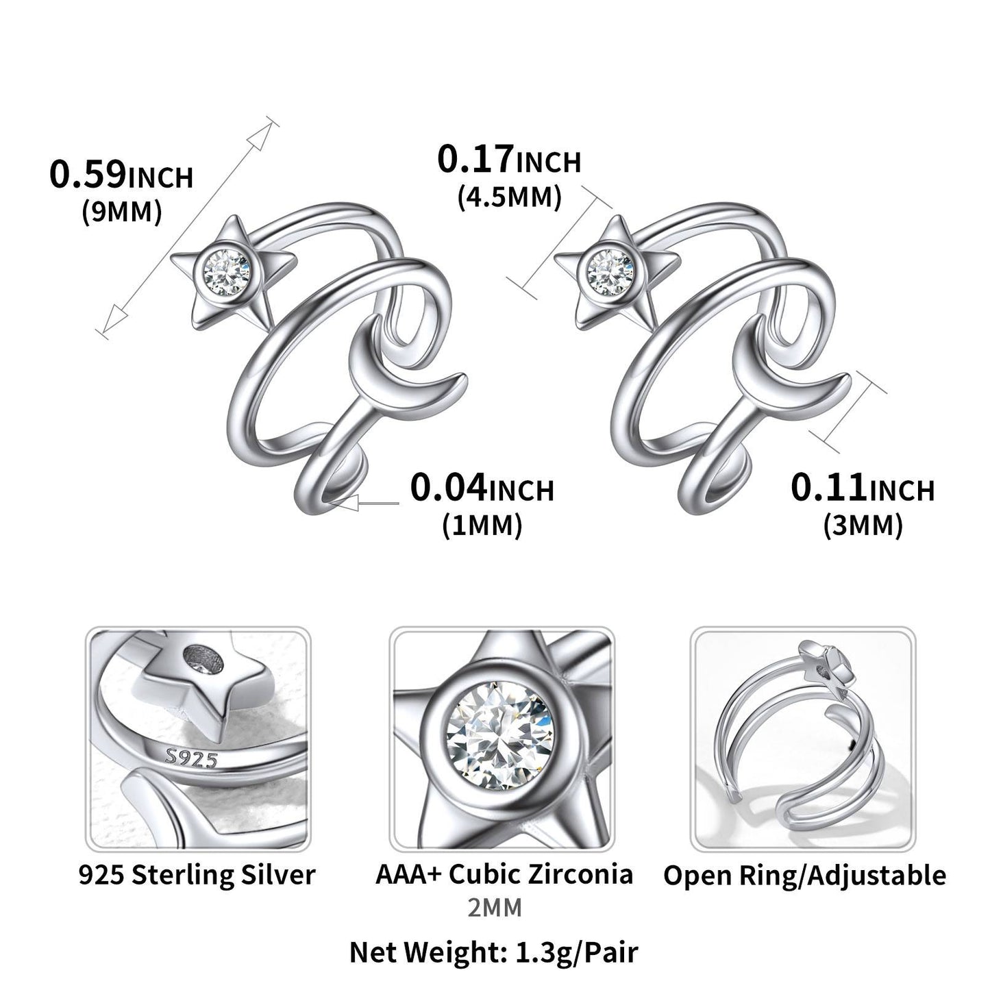 Sterling Silver Star Moon Ear Cuff Earrings Dimension, Hypoallergenic