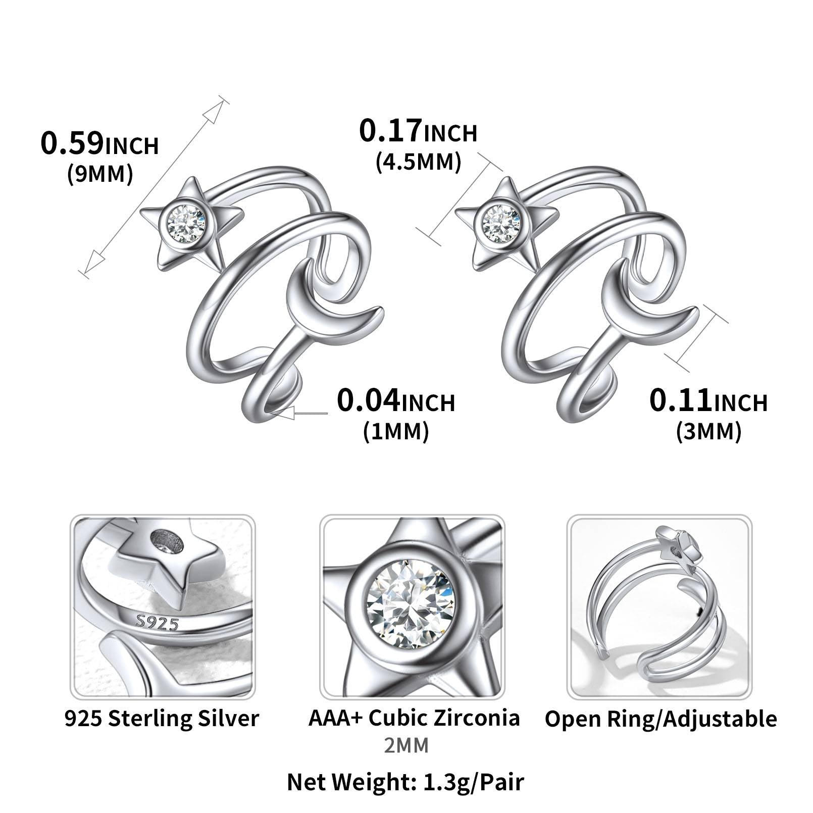 Sterling Silver Star Moon Ear Cuff Earrings Dimension, Hypoallergenic