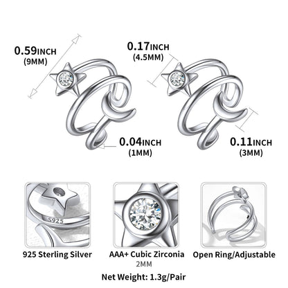 Sterling Silver Star Moon Ear Cuff Earrings Dimension, Hypoallergenic