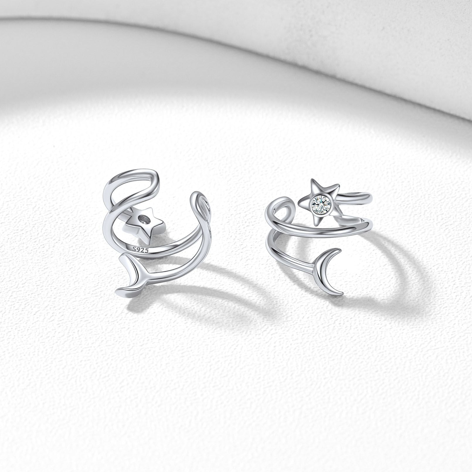 Sterling Silver Star Moon Ear Cuff Earrings for Women