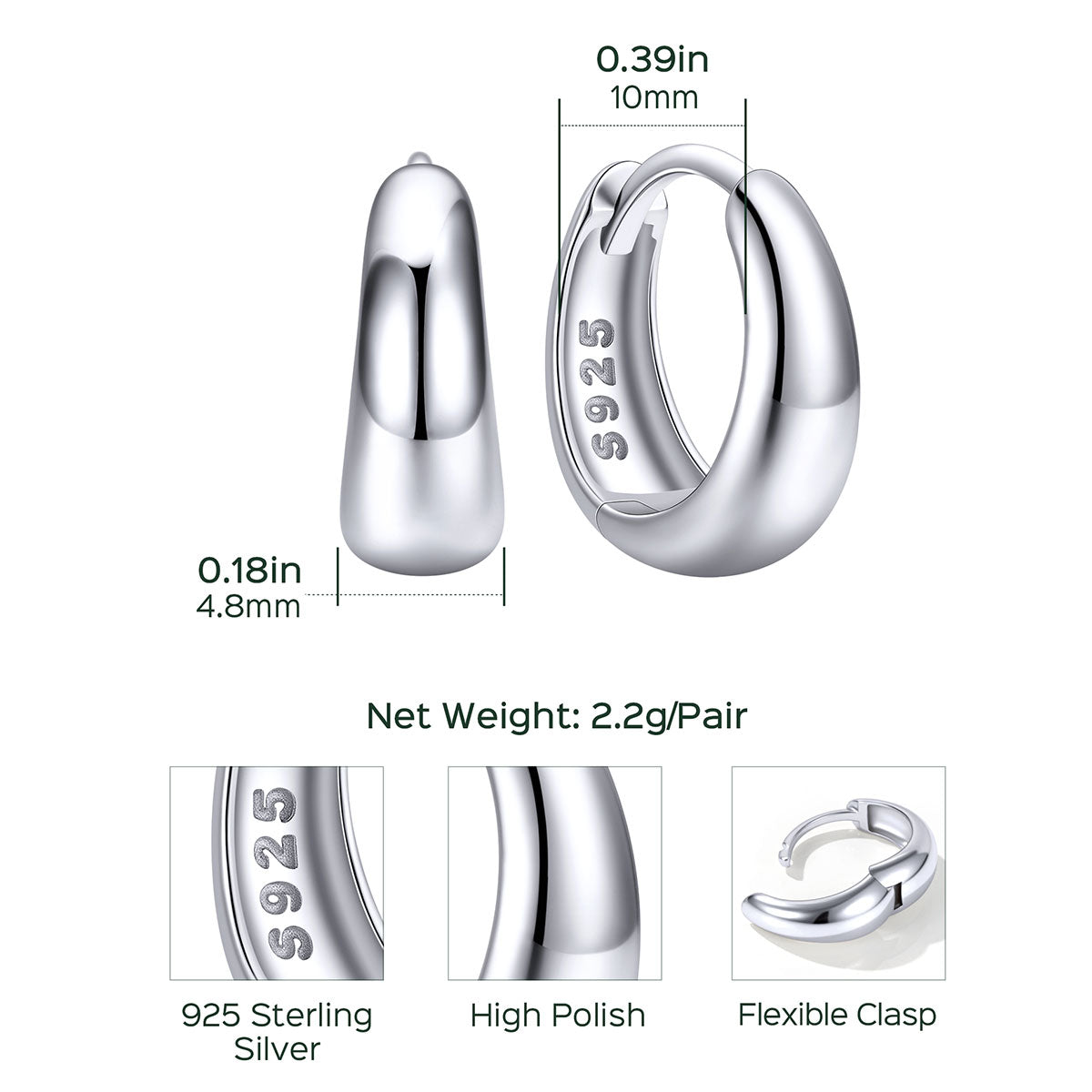 Sterling Silver hoop earrings with measurements and details on a white background